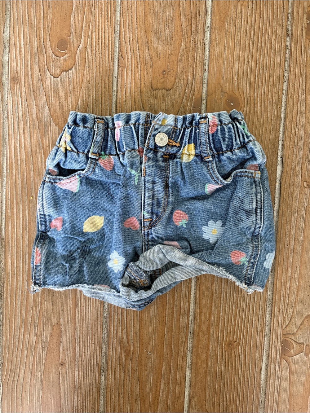Gap Just Like Mom Disney Denim Shorts with Strawberry, Lemon & Daisy Print